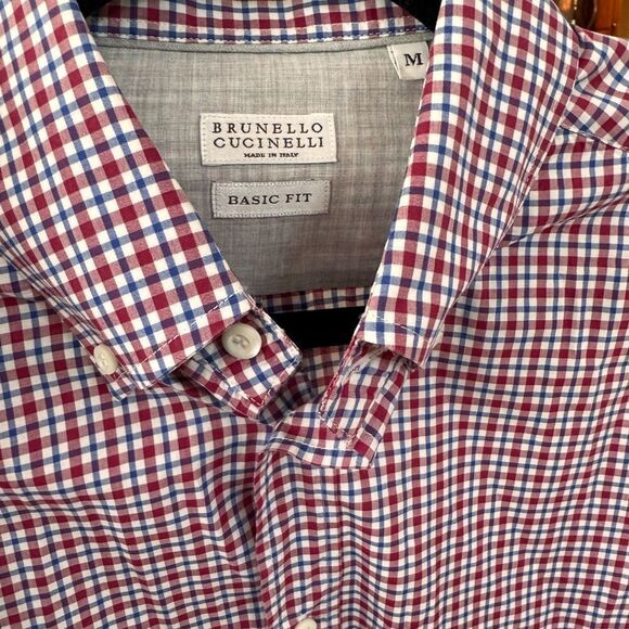 Brunello Cucinelli Men's Blue White Red Plaid Print Cotton Basic Fit Shirt M - Picture 5 of 5